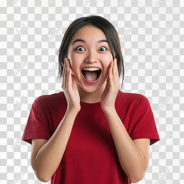 an asian women showing a celebration pose, his hands are cupping his cheeks in an excited pose, wear cherry red t-shirt, hands open, white background