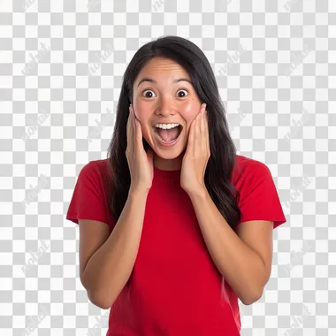 an asian women showing a celebration pose, his hands are cupping his cheeks in an excited pose, wear cherry red t-shirt, hands open, white background