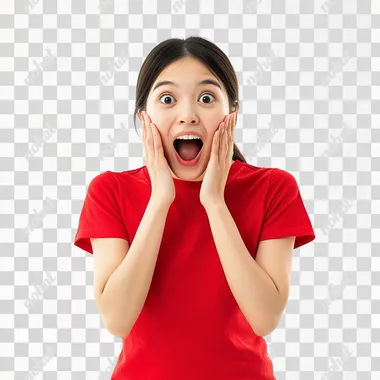 an asian women showing a celebration pose, his hands are cupping his cheeks in an excited pose, wear cherry red t-shirt, hands open, white background