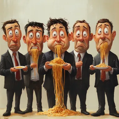10 officemates with very large, exaggerated cheeks standing eating spaghetti. caricature style.