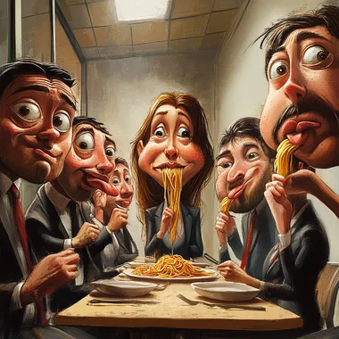 10 officemates with very large, exaggerated cheeks standing eating spaghetti. caricature style.