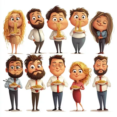 10 officemates with very large, exaggerated cheeks standing eating spaghetti. caricature style.