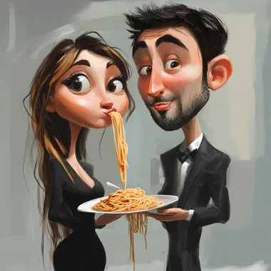 10 officemates with very large, exaggerated cheeks standing eating spaghetti. caricature style.