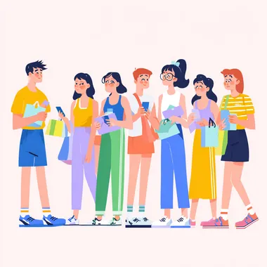 A row of people are waiting in front of the event, part of them are sideways, watching intently. At the forefront is a man handing out gifts, and the illustration is in flat vector art form, using bright colors and simple shapes to create the characters. Each character has a different accessory or accessory to make them stand out, for example one is wearing sportswear and the other is wearing casual clothes. They all have a certain expression on their faces that reflects their deep commitment to their cell phones.     bp8hu4a