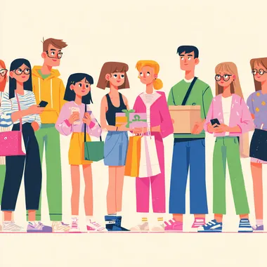 A row of people are waiting in front of the event, part of them are sideways, watching intently. At the forefront is a man handing out gifts, and the illustration is in flat vector art form, using bright colors and simple shapes to create the characters. Each character has a different accessory or accessory to make them stand out, for example one is wearing sportswear and the other is wearing casual clothes. They all have a certain expression on their faces that reflects their deep commitment to their cell phones.     bp8hu4a