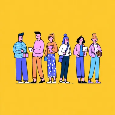 A row of people are waiting in front of the event, part of them are sideways, watching intently. At the forefront is a man handing out gifts, and the illustration is in flat vector art form, using bright colors and simple shapes to create the characters. Each character has a different accessory or accessory to make them stand out, for example one is wearing sportswear and the other is wearing casual clothes. They all have a certain expression on their faces that reflects their deep commitment to their cell phones.     bp8hu4a