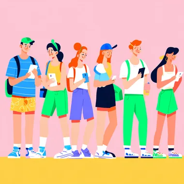 A row of people are waiting in front of the event, part of them are sideways, watching intently. At the forefront is a man handing out gifts, and the illustration is in flat vector art form, using bright colors and simple shapes to create the characters. Each character has a different accessory or accessory to make them stand out, for example one is wearing sportswear and the other is wearing casual clothes. They all have a certain expression on their faces that reflects their deep commitment to their cell phones.     bp8hu4a