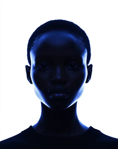 A minimalist photograph of the portrait of an African woman with short hair, against a white background. The image features dark blue shadows, deep eyes, and soft lighting on the face and shoulders, resulting in high contrast. The style is hyper-realistic, reminiscent of fashion photography, with a medium shot composition captured using a high-resolution camera, a 30mm lens, and flash lighting at an aperture of f/25.