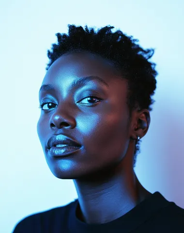 A minimalist photograph of the portrait of an African woman with short hair, against a white background. The image features dark blue shadows, deep eyes, and soft lighting on the face and shoulders, resulting in high contrast. The style is hyper-realistic, reminiscent of fashion photography, with a medium shot composition captured using a high-resolution camera, a 30mm lens, and flash lighting at an aperture of f/25.