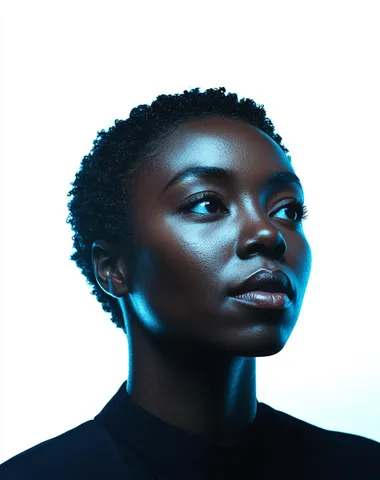 A minimalist photograph of the portrait of an African woman with short hair, against a white background. The image features dark blue shadows, deep eyes, and soft lighting on the face and shoulders, resulting in high contrast. The style is hyper-realistic, reminiscent of fashion photography, with a medium shot composition captured using a high-resolution camera, a 30mm lens, and flash lighting at an aperture of f/25.