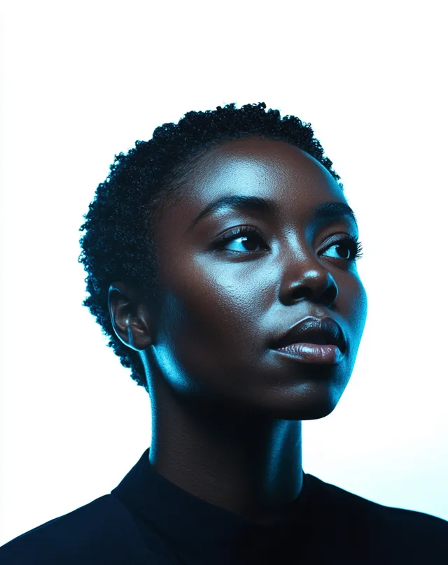 Minimalist Portrait of African Woman in Black Shirt, Studio Lighting
