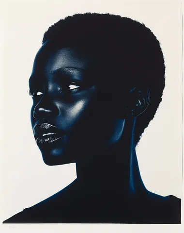 A minimalist photograph of the portrait of an African woman with short hair, against a white background. The image features dark blue shadows, deep eyes, and soft lighting on the face and shoulders, resulting in high contrast. The style is hyper-realistic, reminiscent of fashion photography, with a medium shot composition captured using a high-resolution camera, a 30mm lens, and flash lighting at an aperture of f/25.