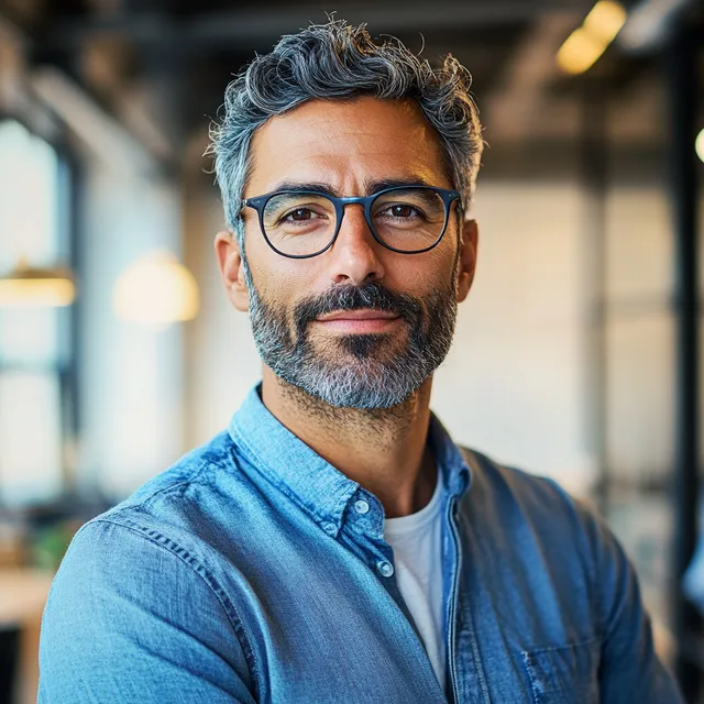 Optimistic 36-Year-Old Man in Blue Shirt and Glasses in Startup Space