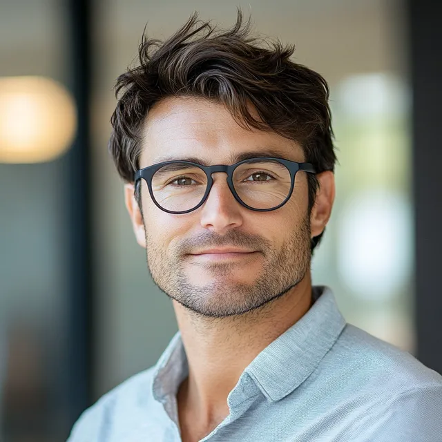 Optimistic 36-Year-Old Man from USA in Smart Casual Attire in Startup Space