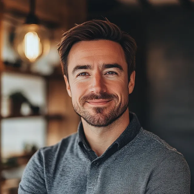 Optimistic 36-Year-Old Man from USA Smiling in Startup Space Portrait