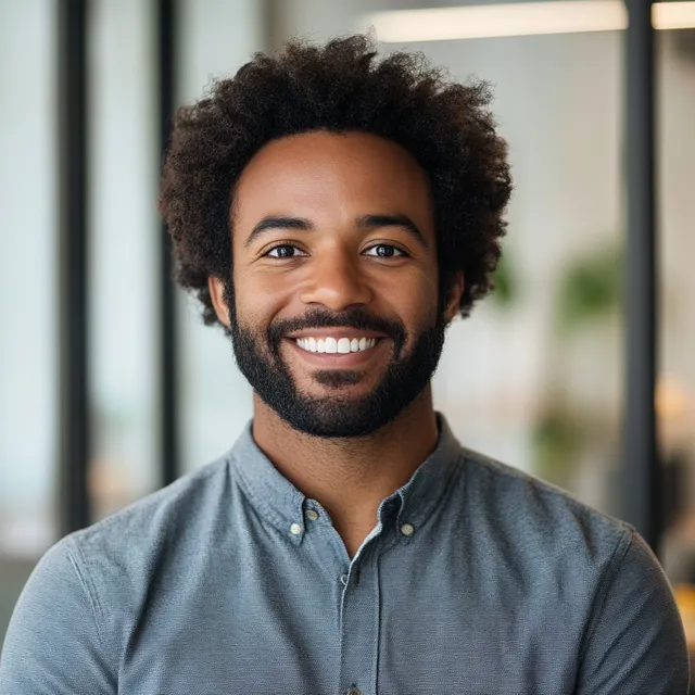 Optimistic 36-Year-Old Man with Beard in Startup Space, USA
