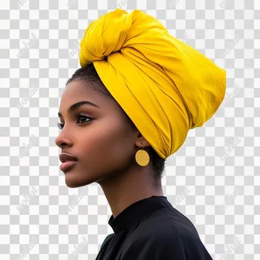 duetone black woman looking towards her left side with a large yellow turban on her head isolated in a white background