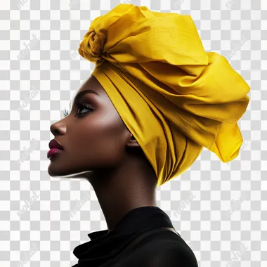 duetone black woman looking towards her left side with a large yellow turban on her head isolated in a white background