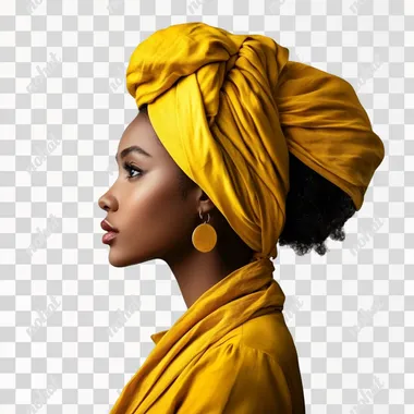 duetone black woman looking towards her left side with a large yellow turban on her head isolated in a white background