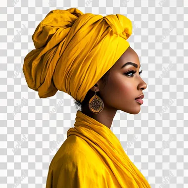 duetone black woman looking towards her left side with a large yellow turban on her head isolated in a white background
