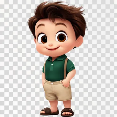 I'm an eleven-month-old baby, I have little thin brown hair, a large forehead, almond-shaped brown eyes and sparse eyebrows. I have a thin diamond-shaped face. I have a small nose. The lips are thin and clear, complementing the soft and friendly expression I display. I'm wearing a dark green polo shirt paired with beige shorts. The shorts have suspenders. I'm wearing brown sandals with two straps. I'm smiling with a mangrove smile, full body, white background, smiling, Pixar and Disney style design