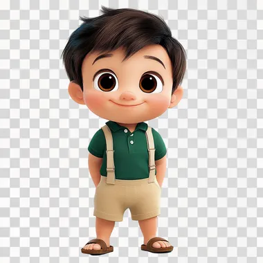 I'm an eleven-month-old baby, I have little thin brown hair, a large forehead, almond-shaped brown eyes and sparse eyebrows. I have a thin diamond-shaped face. I have a small nose. The lips are thin and clear, complementing the soft and friendly expression I display. I'm wearing a dark green polo shirt paired with beige shorts. The shorts have suspenders. I'm wearing brown sandals with two straps. I'm smiling with a mangrove smile, full body, white background, smiling, Pixar and Disney style design