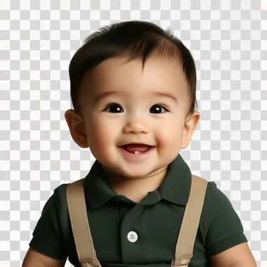 I'm an eleven-month-old baby, I have little thin brown hair, a large forehead, almond-shaped brown eyes and sparse eyebrows. I have a thin diamond-shaped face. I have a small nose. The lips are thin and clear, complementing the soft and friendly expression I display. I'm wearing a dark green polo shirt paired with beige shorts. The shorts have suspenders. I'm wearing brown sandals with two straps. I'm smiling with a mangrove smile, full body, white background, smiling, Pixar and Disney style design