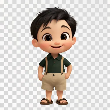 I'm an eleven-month-old baby, I have little thin brown hair, a large forehead, almond-shaped brown eyes and sparse eyebrows. I have a thin diamond-shaped face. I have a small nose. The lips are thin and clear, complementing the soft and friendly expression I display. I'm wearing a dark green polo shirt paired with beige shorts. The shorts have suspenders. I'm wearing brown sandals with two straps. I'm smiling with a mangrove smile, full body, white background, smiling, Pixar and Disney style design