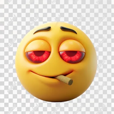 A round yellow emoji face inspired by iOS design, with red eyes due to weed consumption, holding a joint in its mouth. The background is plain white, and the style should be clean and modern, similar to iOS emojis