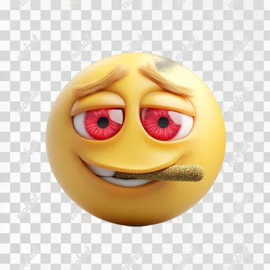 A round yellow emoji face inspired by iOS design, with red eyes due to weed consumption, holding a joint in its mouth. The background is plain white, and the style should be clean and modern, similar to iOS emojis