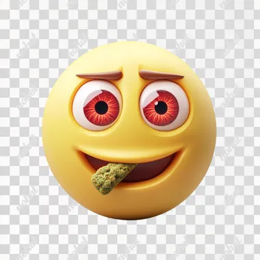A round yellow emoji face inspired by iOS design, with red eyes due to weed consumption, holding a joint in its mouth. The background is plain white, and the style should be clean and modern, similar to iOS emojis
