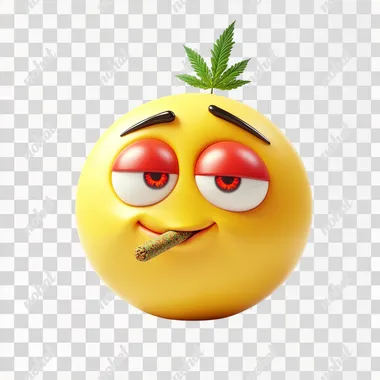 A round yellow emoji face inspired by iOS design, with red eyes due to weed consumption, holding a joint in its mouth. The background is plain white, and the style should be clean and modern, similar to iOS emojis