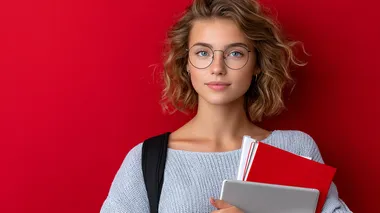 Young curly student woman wearing backpack glasses holding books and tablet over isolated red background. Close up shot hyper realistic and texture   axdln4b --s 750