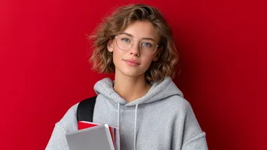 Young curly student woman wearing backpack glasses holding books and tablet over isolated red background. Close up shot hyper realistic and texture   axdln4b --s 750
