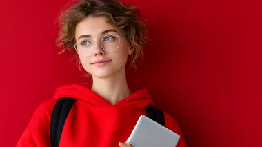 Young curly student woman wearing backpack glasses holding books and tablet over isolated red background. Close up shot hyper realistic and texture   axdln4b --s 750