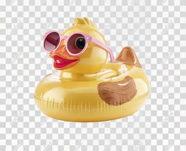 happy Yellow inflatable duckling in pink sunglasses on the white isolated background