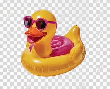 happy Yellow inflatable duckling in pink sunglasses on the white isolated background
