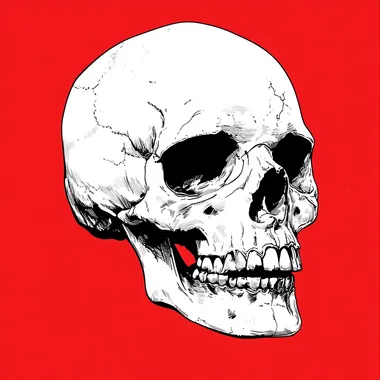 a sideways skull decal, flat lines, simple lines, high contrast, red background