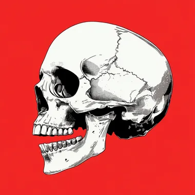 a sideways skull decal, flat lines, simple lines, high contrast, red background