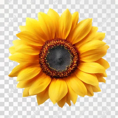 vibrant sunflower with golden yellow petals and dark textured center, photorealistic macro floral view, isolated on white background   --raw
