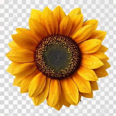 vibrant sunflower with golden yellow petals and dark textured center, photorealistic macro floral view, isolated on white background   --raw