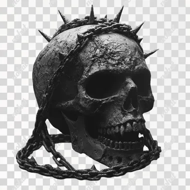 skull wrapped in a thick chain with spikes on the links, take 3/4. blackwork style. with a very simple stone crown, porous texture