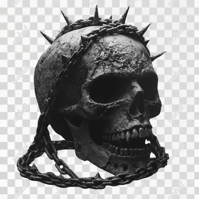 PNG Skull with Spiked Chain and Simple Stone Crown in Blackwork Style