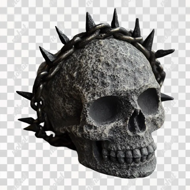 PNG Spiked Skull with Chain and Stone Crown in Dark Blackwork Style Design