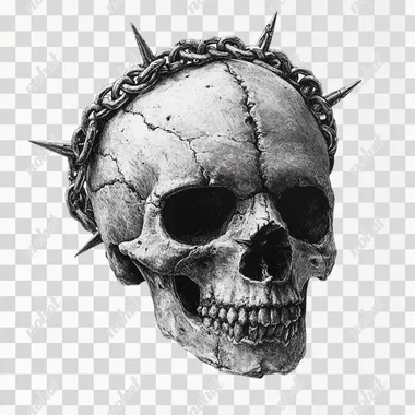 skull wrapped in a thick chain with spikes on the links, take 3/4. blackwork style. with a very simple stone crown, porous texture