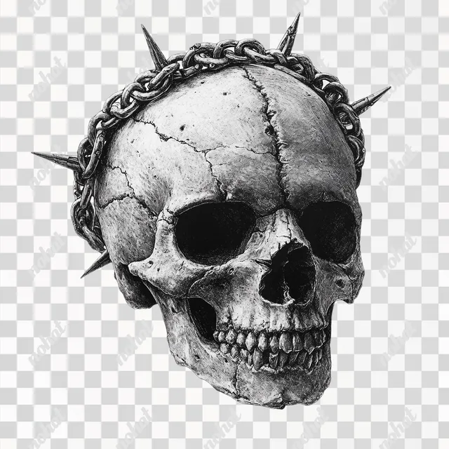 PNG Skull with Spiked Chain and Simple Stone Crown in Blackwork Style