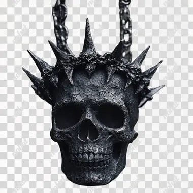 skull wrapped in a thick chain with spikes on the links, take 3/4. blackwork style. with a very simple stone crown, porous texture
