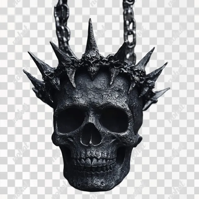 PNG Skull with Spikes and Chain in Blackwork Style, Surrounded by Stone Crown