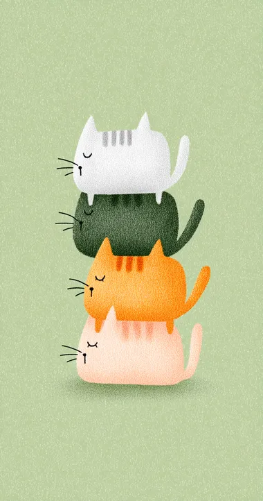 Cute cats in profile, stacked on top of each other, green background, simple lines, in the style of Japanese illustration, pastel colors, flat design, minimalism, close-up portrait, cartoon, children's book illustrations, watercolor painting, simple details, minimalist, white space, clean background  --s 750   5n1ju56