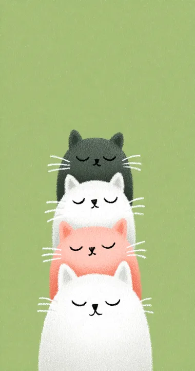 Cute cats in profile, stacked on top of each other, green background, simple lines, in the style of Japanese illustration, pastel colors, flat design, minimalism, close-up portrait, cartoon, children's book illustrations, watercolor painting, simple details, minimalist, white space, clean background  --s 750   5n1ju56